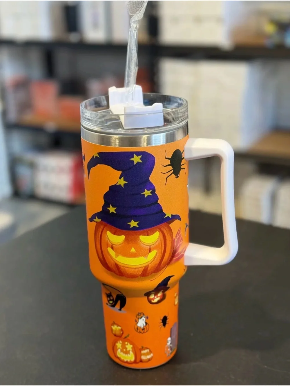 40 oz Halloween Pumpkin Travel Tumbler Mug with Handle & Straw - Orange NIB